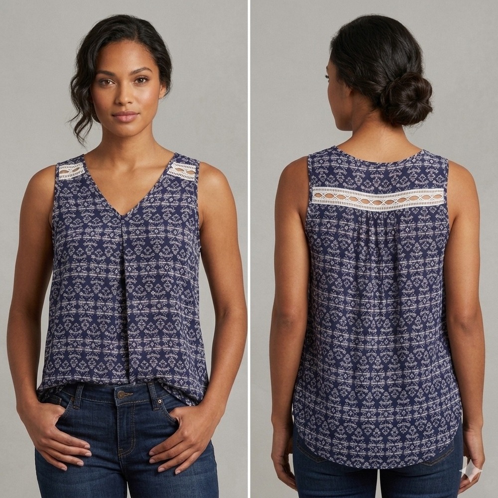 Paper Moon Navy Geometric Print Crochet Lace Trim Design V-Neck Tank Top XS